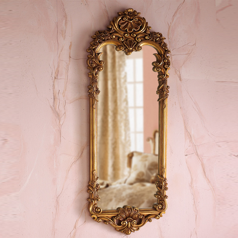 Vigorous Mirror American Wood Sculpture Decorative Mirror Aisle Mirror Palace Court Carved Flowers Wall-mounted Mirror Golden Retro Decorative Mirror