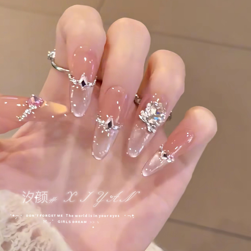 Pink Lychee Handmade Wearable Nails, Crystal Diamond Manicure Finished Product, Detachable, High-End Nail Stickers, Brightening and Light Luxury