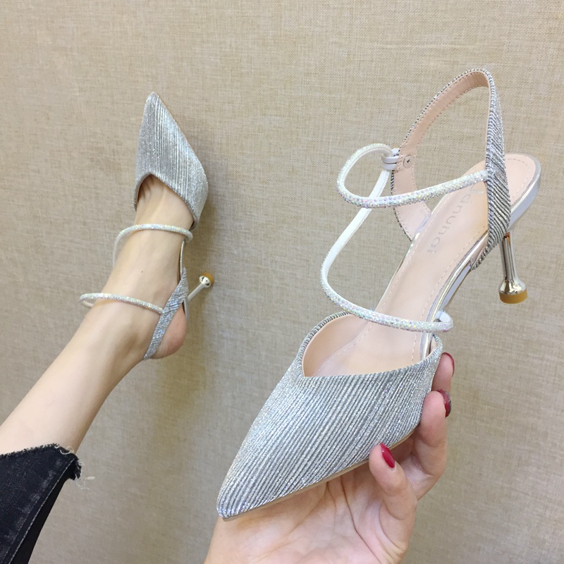 từ gót 7cm mỏng kim loại gót của phụ nữ với mùa hè 2020 giày nhọn mới dép sequin edaly của phụ nữ