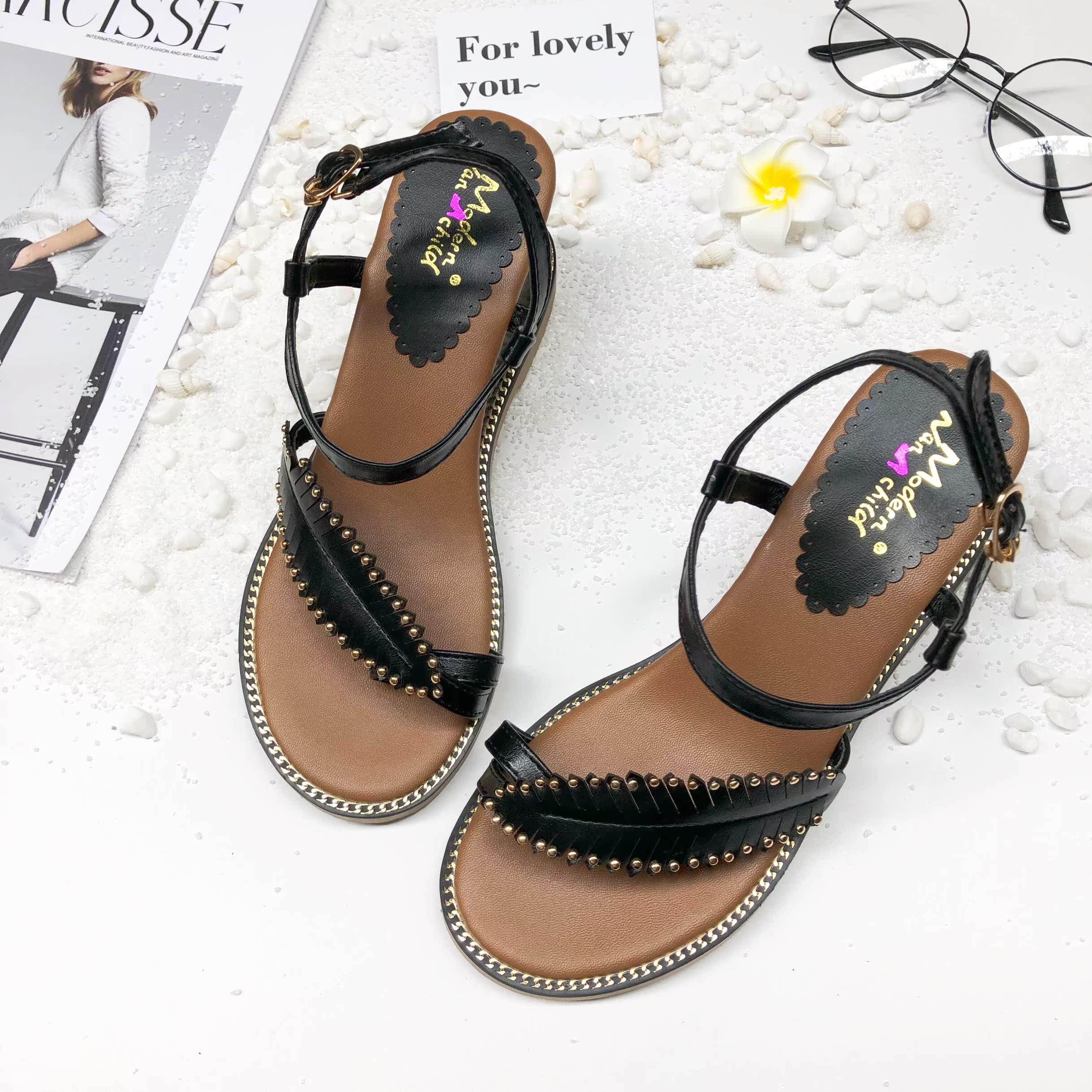 2020 Giày dép mùa hè của phụ nữ thời trang mới Lotus Fringe Set Toe Slope gót Sandals Với một từ khóa dép Daine-strappy