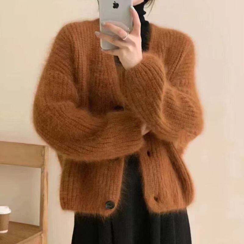 Autumn and Winter New Korean Style Loose Slimming Round Neck Knitted Cardigan Women's Sweater Jacket Top