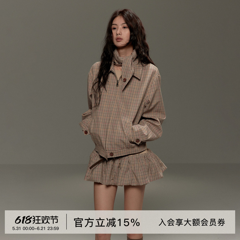 Lvetong Original Design American Retro Houndstooth Harrington Lapel Jacket Early Spring Plaid Short Jacket for Women