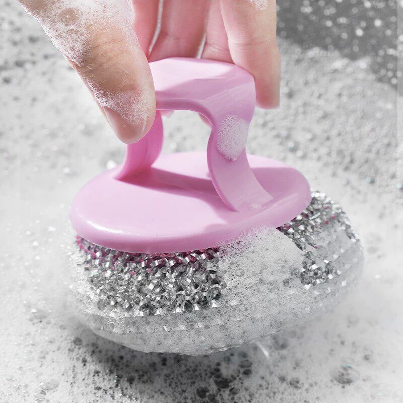 Handheld Plastic Steel Wire Ball Dishwashing Brush, Kitchen Cleaning Anti-Scratch Brush, Kitchen Cleaning Brush with Strong Decontamination Ability
