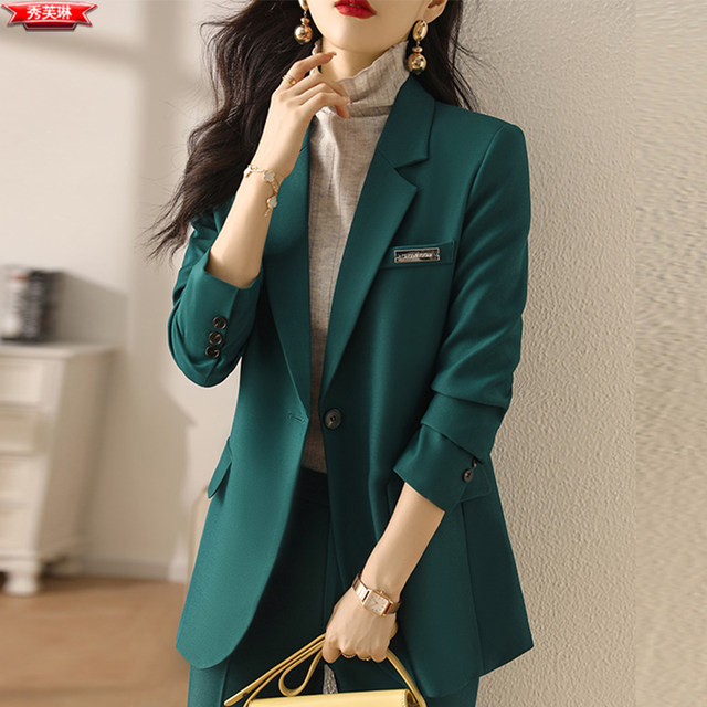 Green suit suit women's spring and autumn advanced design sense professional wear fashion suit jacket two-piece set with one button