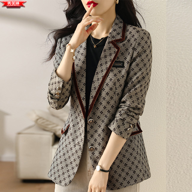 Korean version of the casual self-cultivation plaid suit jacket women's spring swing bird lattice high sense this year's popular small suit tops