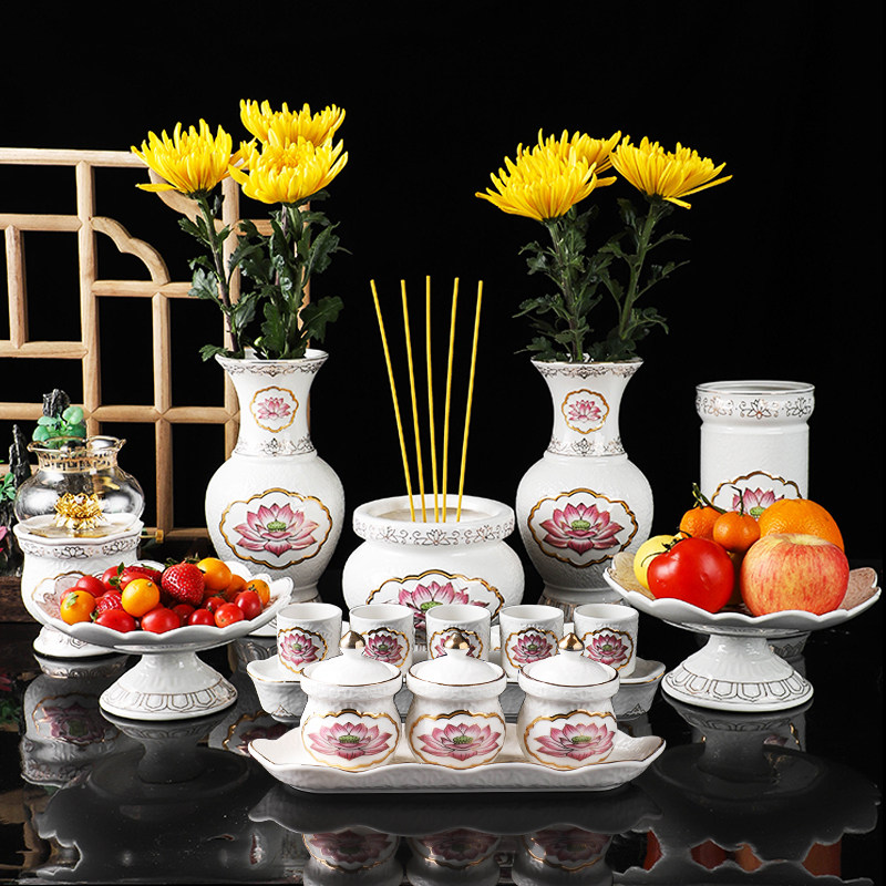 Ceramic lotus treasure offering supplies for plate household water supply cup ever-bright lamp vase incense burner offering set for Buddha set