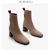 Korean version of the wild square head high-heeled boots womens spring and autumn single boots in the tube flying knitted elastic thin boots womens middle heel