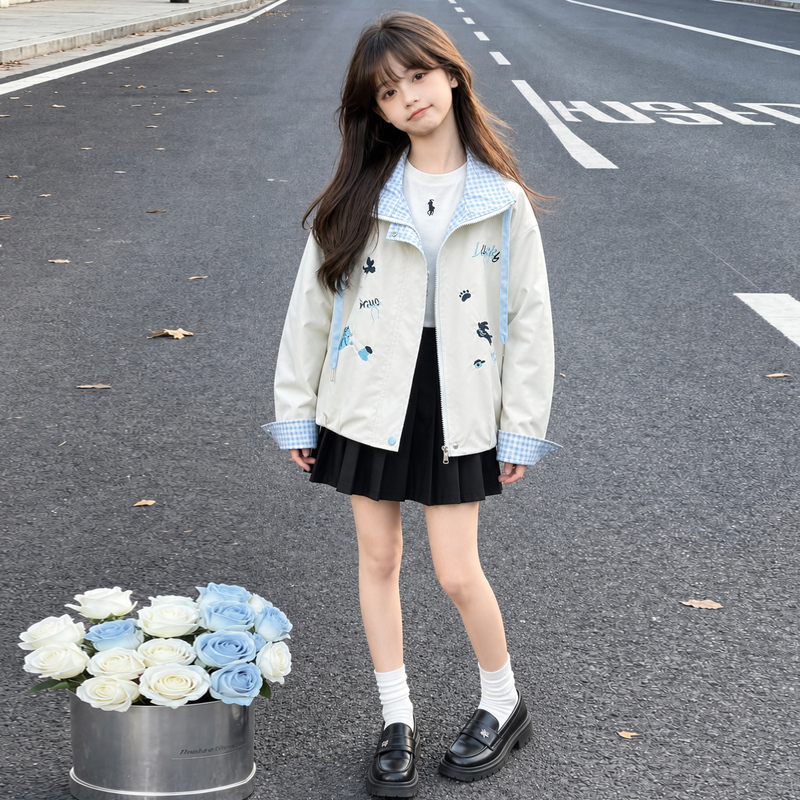 Girls' Jacket for Spring and Autumn, Stylish and Fashionable Windbreaker for Older Children, Embroidered Cartoon Jacket, Windproof Top