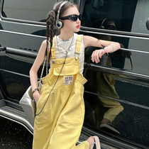 Girls yellow overalls childrens trousers fashionable older children 12 years old spring and autumn pants girls summer dopamine wear