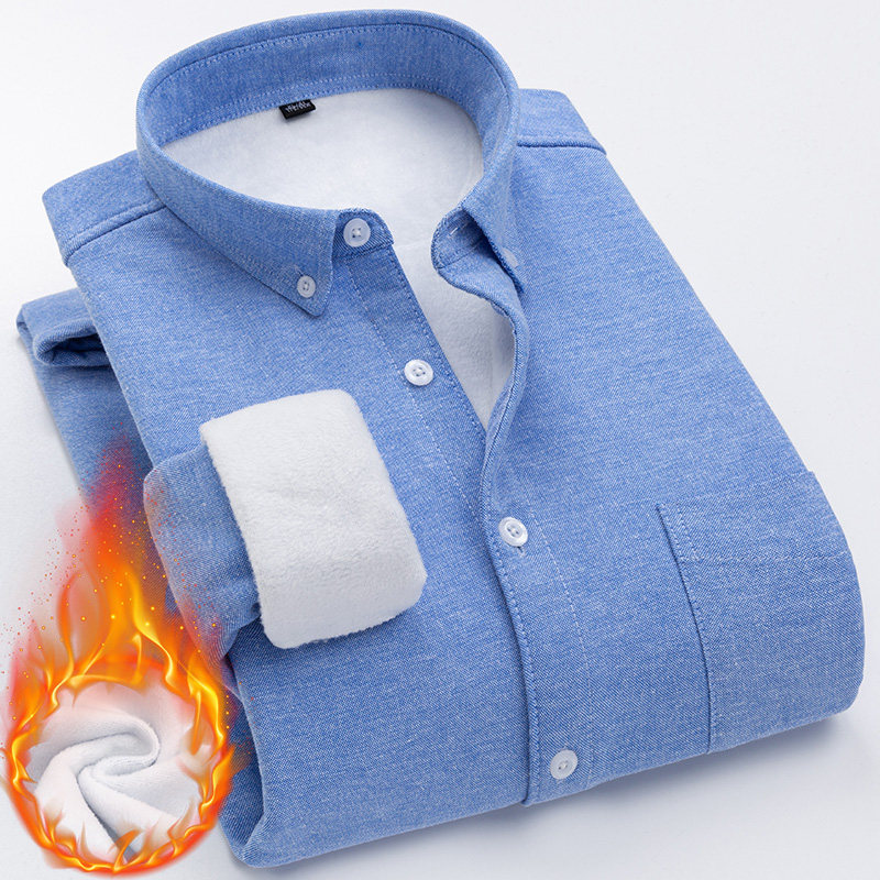 Winter Oxford Spun Warm Shirt Men Long Sleeves Glint Thickened Underwear Casual Shirt Pure Blue Powdery Color Blouse