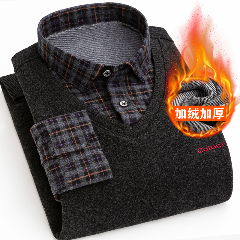 Men's heating clothes thickened and velvet fake two-piece young men's thermal shirt collar outer wear middle-aged men's top winter