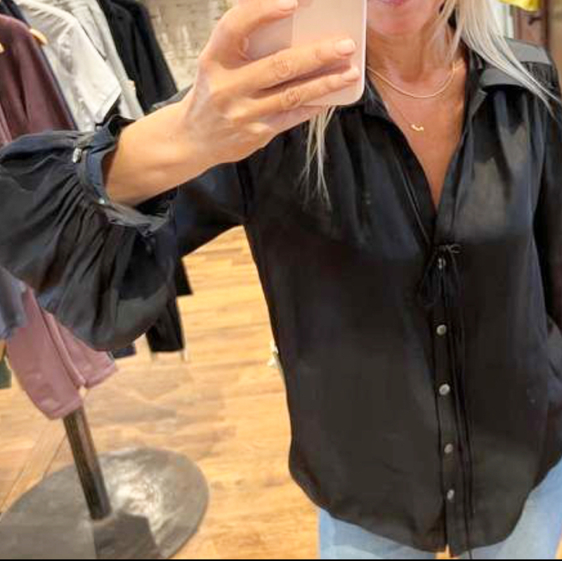 French Light Luxury Imported Fabric Satin Loose Pleated Wide-Sleeve Tie Shirt