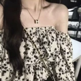 Милый сексуальный топ без лямок, весенняя осенняя короткая рубашка, открытые плечи, рукава фонарики, цветочный принт, 2025 года