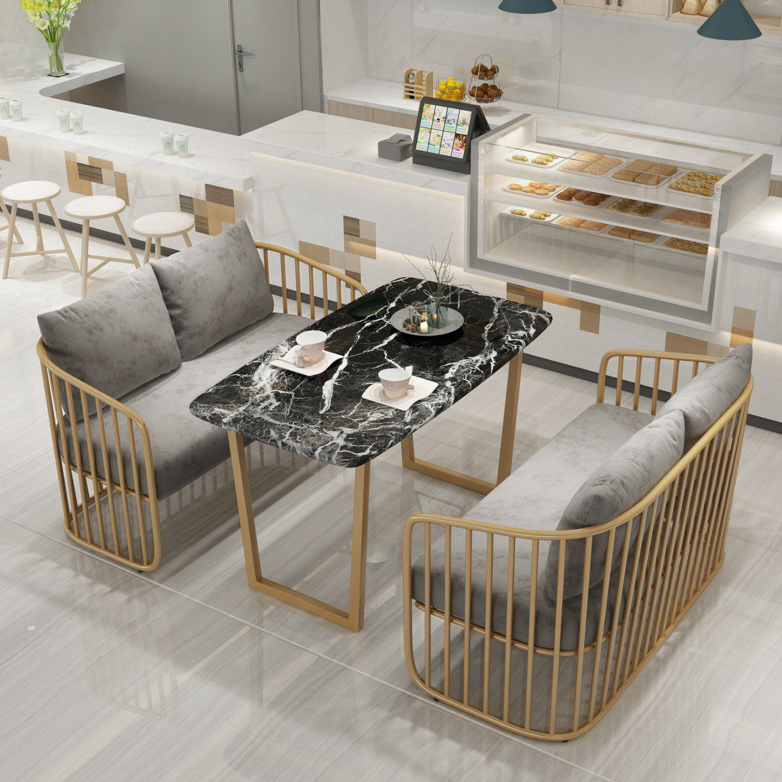 Nordic Milk Tea Shop Double Cassette Iron Art Net Red Comfort Sponge Cloth Art Negotiation Lounge Dessert Casual Sofa