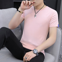 Mens short-sleeved t-shirt cotton Korean summer slim-fit T-shirt Youth base shirt Pink top T-shirt mens fashion