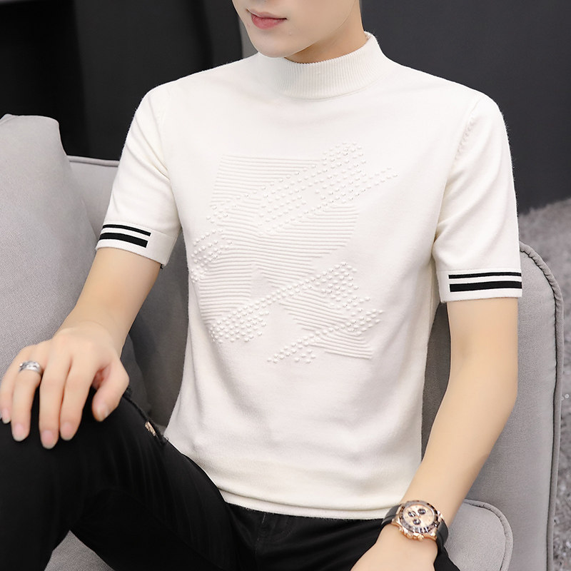 Spring Autumn Season Short Sleeve Sweater Damp Men's Half High Collar Hitch Bottom Stitch Cardiovert Half Sleeve T-shirt Youth Middle Collar Blouse