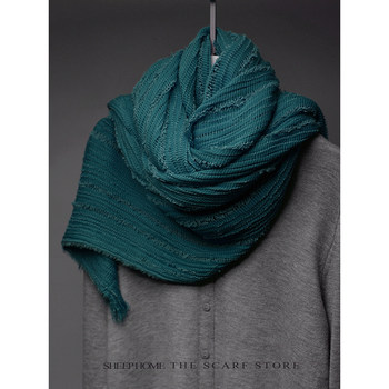 Luxury grade! high-end production of heavy-duty pure cotton three-dimensional hollow retro peacock green solid color scarf for autumn and winter