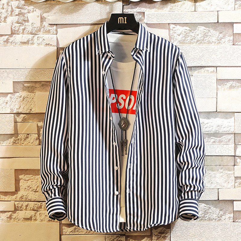 Spring and Autumn Black and White Striped Shirt Men's Long-Sleeved Korean Style Trendy Handsome Shirt Men's Autumn Top Casual Jacket Spring and Autumn Black and White Striped Shirt Men's Long-Sleeved Korean Style Trendy Handsome Shirt Men's Autumn Top Casual Jacket
