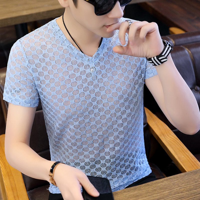 Hollow Mesh Breathable Short-Sleeved V Neck Men's Summer Thin Trendy Brand Ice Silk Smooth T-Shirt Men's Slim Elastic Short-Sleeved Shirt