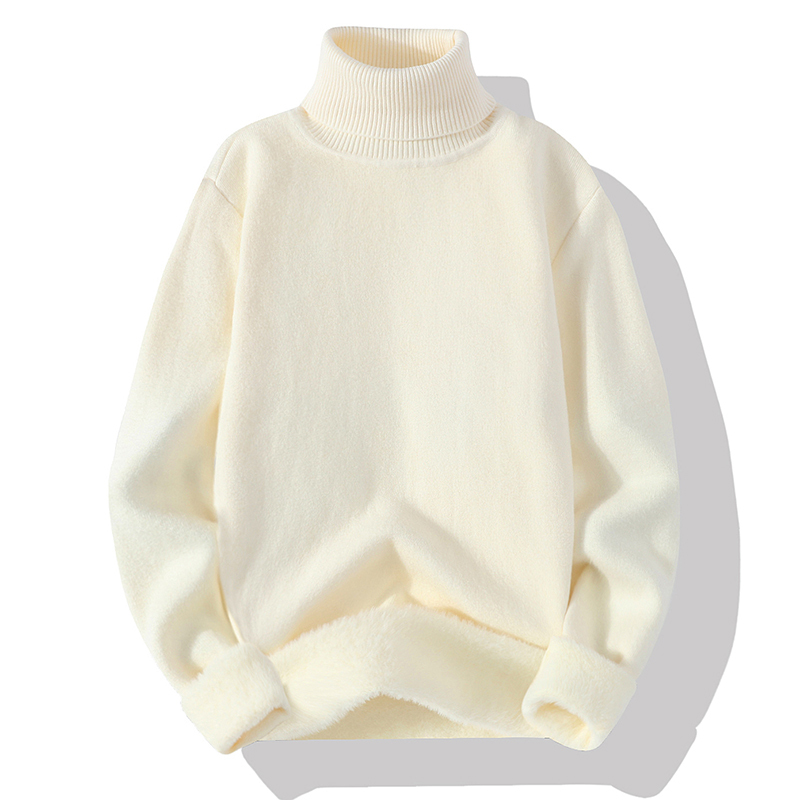 Men's Turtleneck Sweater, Winter Fleece-Lined, Thickened, Solid Color, Versatile Knit Base Layer, Integrated Fleece, Warm Knitwear, Black