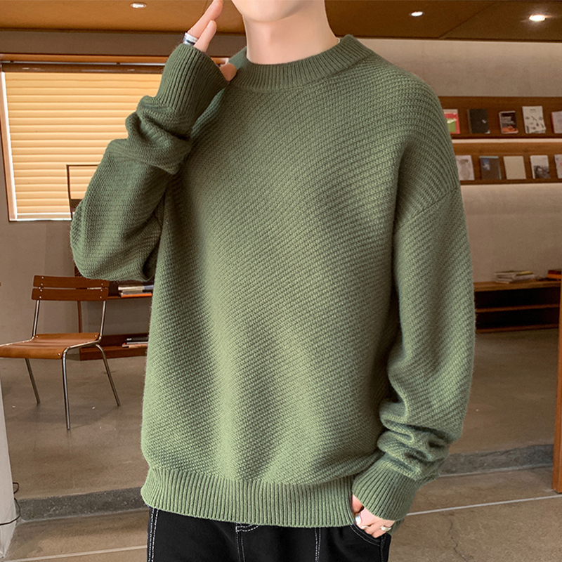 Green Crew Neck Sweater for Men, New Autumn and Winter Trendy Brand, Loose Knitwear, Thickened Base Layer Knit Shirt for Teenagers