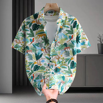100% Pure Cotton Floral Short-Sleeved Shirt for Men, Hawaiian Floral Shirt, Thin, Loose, Casual, Large Size Short-Sleeved Shirt for Men
