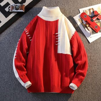 Red turtleneck sweater for male teenagers spliced autumn and winter thickened warm student knitted bottoming shirt men's top Red turtleneck sweater for male teenagers spliced autumn and winter thickened warm student knitted bottoming shirt men's top