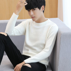 2024 Spring and Autumn Season Sweater Men's Korean Style Slim Trendy White Bottoming Sweater Knitted Sweater Solid Color Clothes