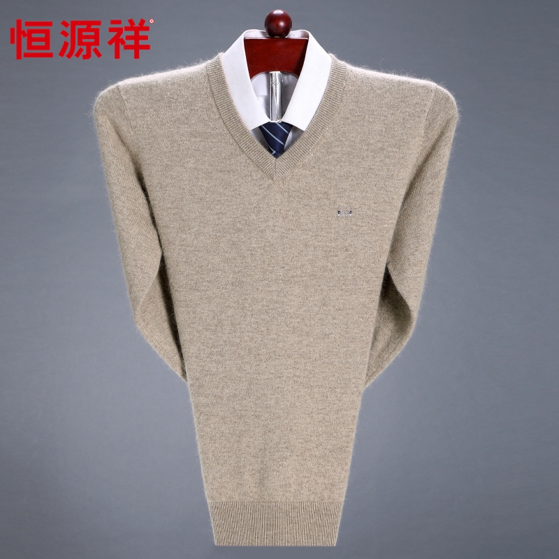 Hengyuanxiang áo len man v cổ áo dày mùa đông cao cấp tinh khiết màu cashmere gà cổ trái tim áo len cha váy đang lớn