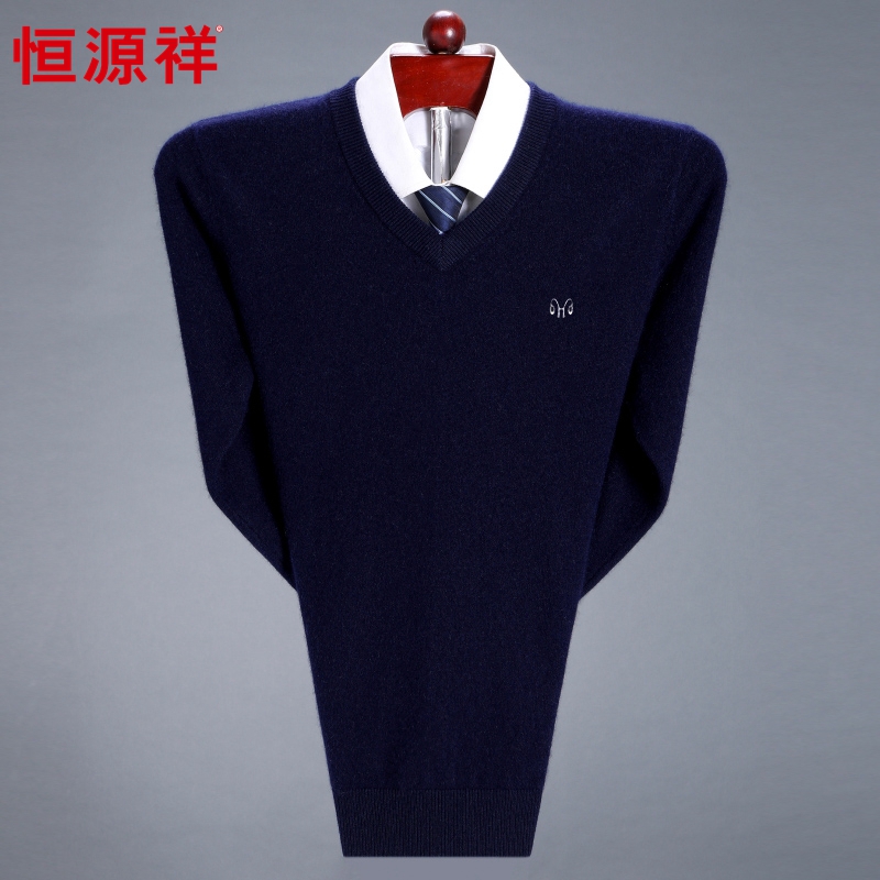 Hengyuan xiang cashmere nam áo len v cổ áo dày trung niên người đàn ông kinh doanh tinh khiết cashmere gà cổ trái tim áo len cha váy chỉnh sửa mã lớn.