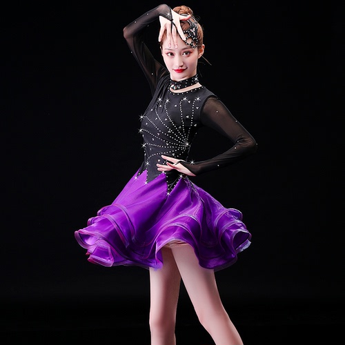 black with purple competition latin dance dresses for women Three step show dress Rumba Cha Latin dress gitpa Dance Costume