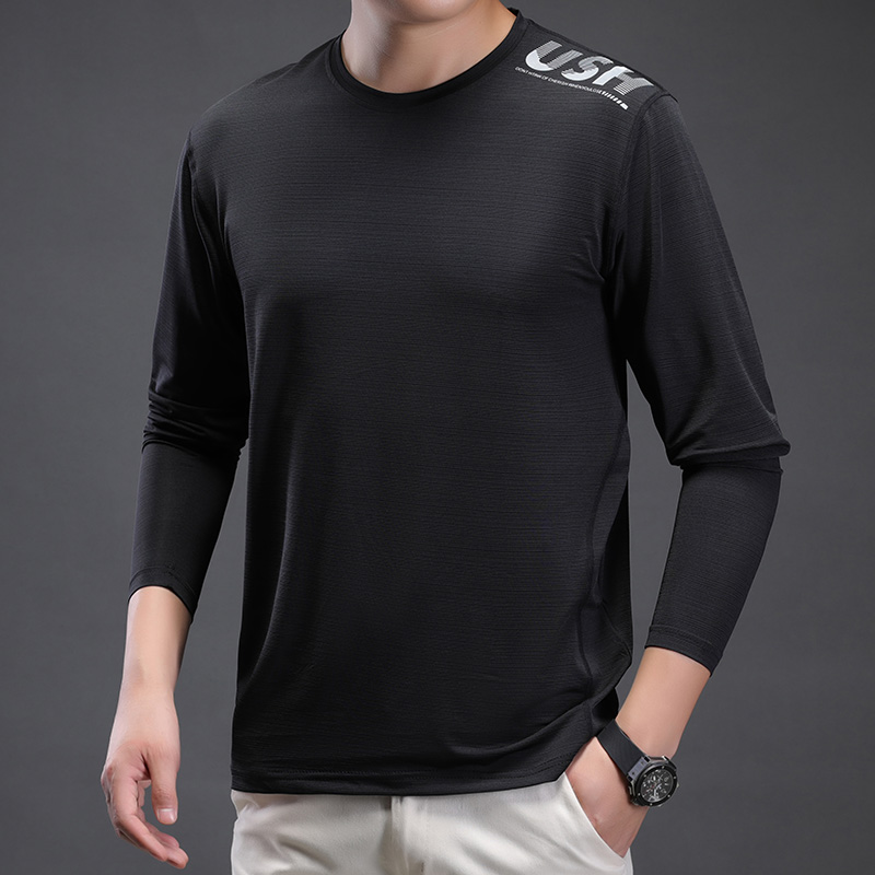 Ice wire long sleeve t-shirt men summer thin speed dry black round collar leisure tops new fitness tide
