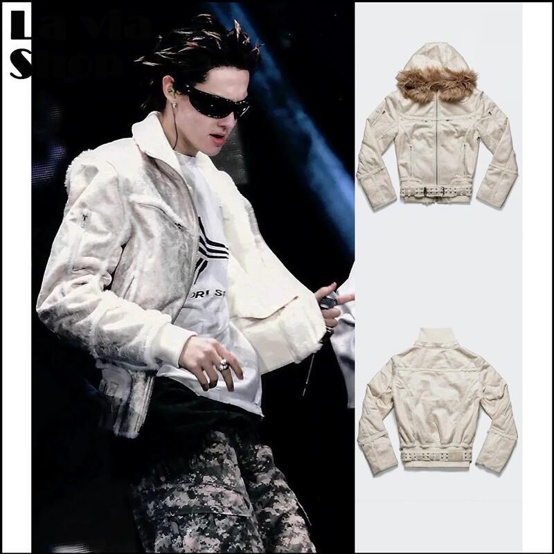 Authentic Racer Worldwide Martin-Style Jacket with Detachable Fur Collar and Belt, Featuring a Cracked Design