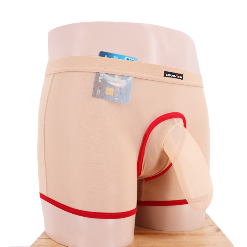 Quần lót voi nam eo đầy đủ trong suốt boyshort lưới siêu mỏng thoáng khí ấm áp JJ bộ quần short gợi cảm shop đồ lót
