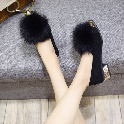 秋冬女韩版百搭浅口单鞋毛毛鞋