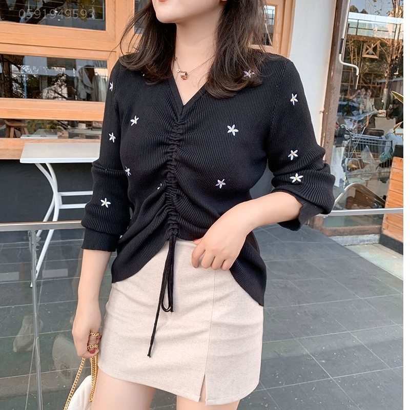 Tamandi chất béo mm hoa nhỏ mã lớn phụ nữ chuỗi thêu knitsweater của loose-fitting đầu V-cổ cho thấy chiếc áo sơ mi mỏng