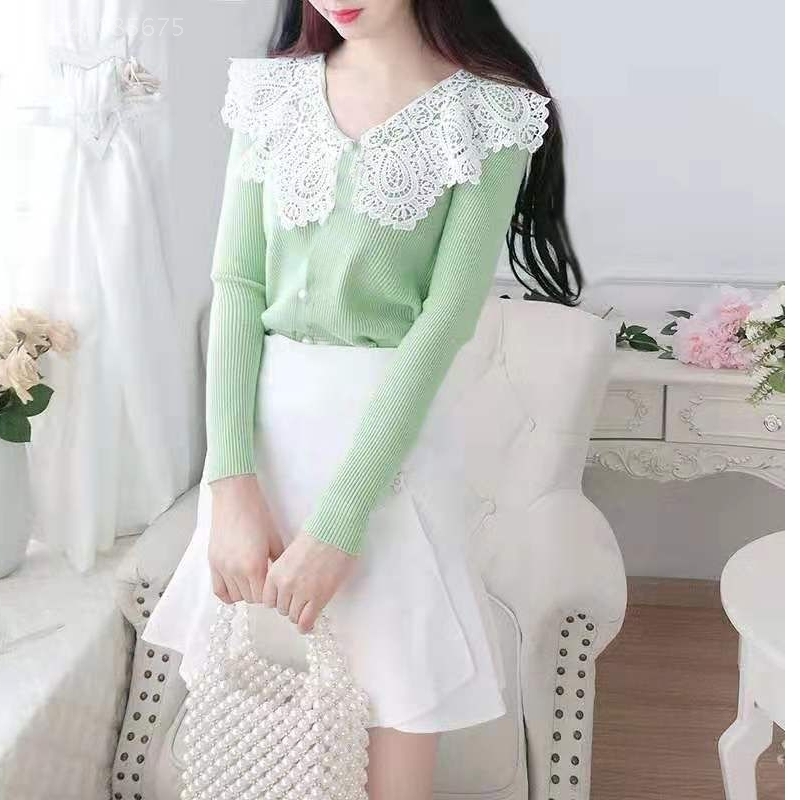 2019 mùa xuân và nữ của mùa thu mới Phụ nữ bản ren V-cổ dài Sleeveed Knitwear Slim Slim dưới Editing Tide