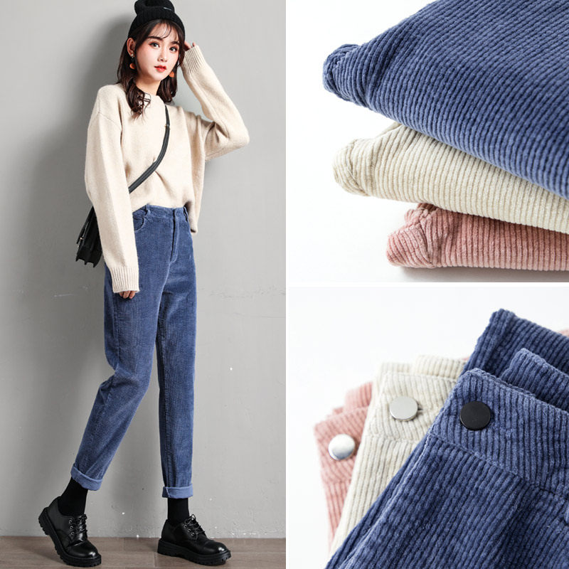 Fashion brand new corduroy rib pants women's autumn and winter straight loose Korean version plus velvet granny Harun high waist velvet