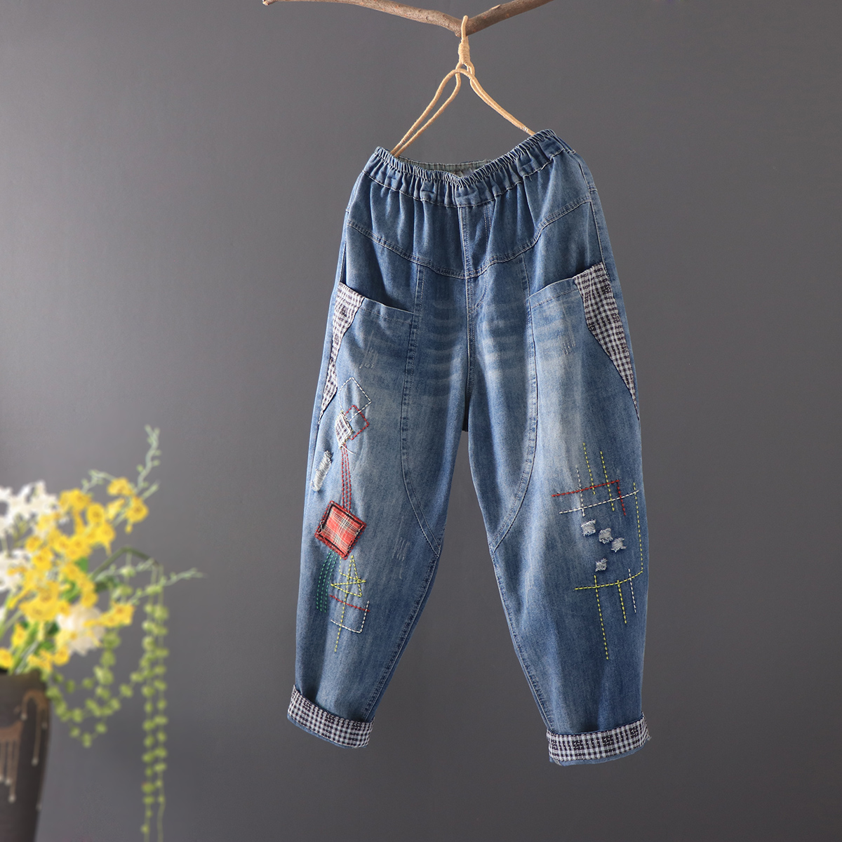 Denim trousers, summer patch, 2021 years, with embroidery