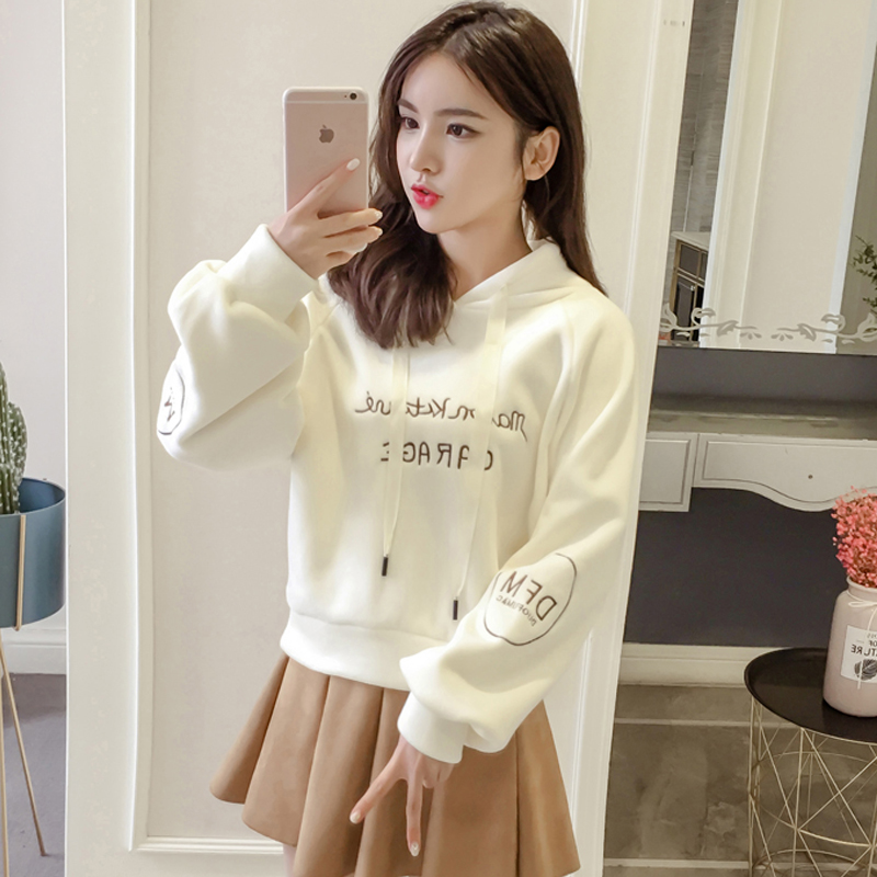 Tide brand gold velvet hooded sweatshirt women's velvet thickened autumn and winter new Korean version loose embroidery short pullover