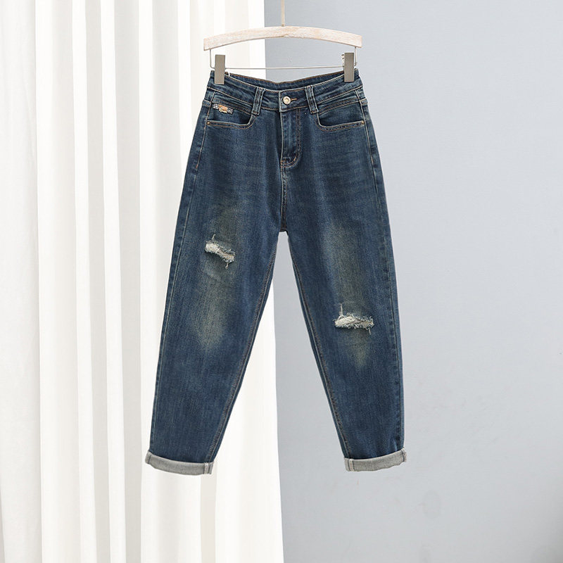 潮牌时尚破洞高腰牛仔裤女秋季新款宽松显瘦韩版百搭哈伦萝卜裤子