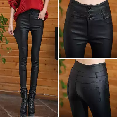 Chao brand winter New matt leather pants women plus velvet high waist thickened outside wear pants tight pipe pants