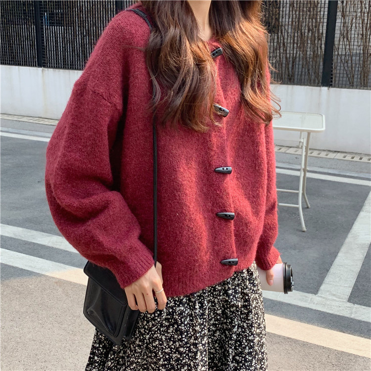 2021 Autumn Clothing New Outwear Goat Sweatshirt Loose Retro New Wine Red Knit Cardiovert Sweater Jacket Woman