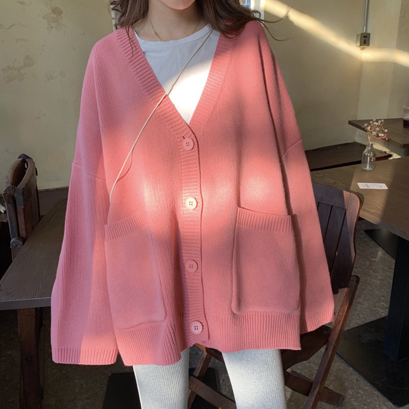 Pink sweater cardiovert blouses women 2021 autumn and winter loose with lazy wind and Korean version of the knitted sweatshirt jacket external to the thickened