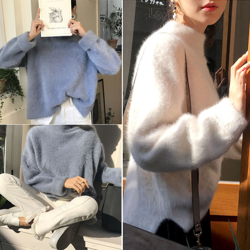 White mohair mink velvet turtleneck sweater women 2023 new pullover knitted bottoming shirt plus velvet and thick outer wear