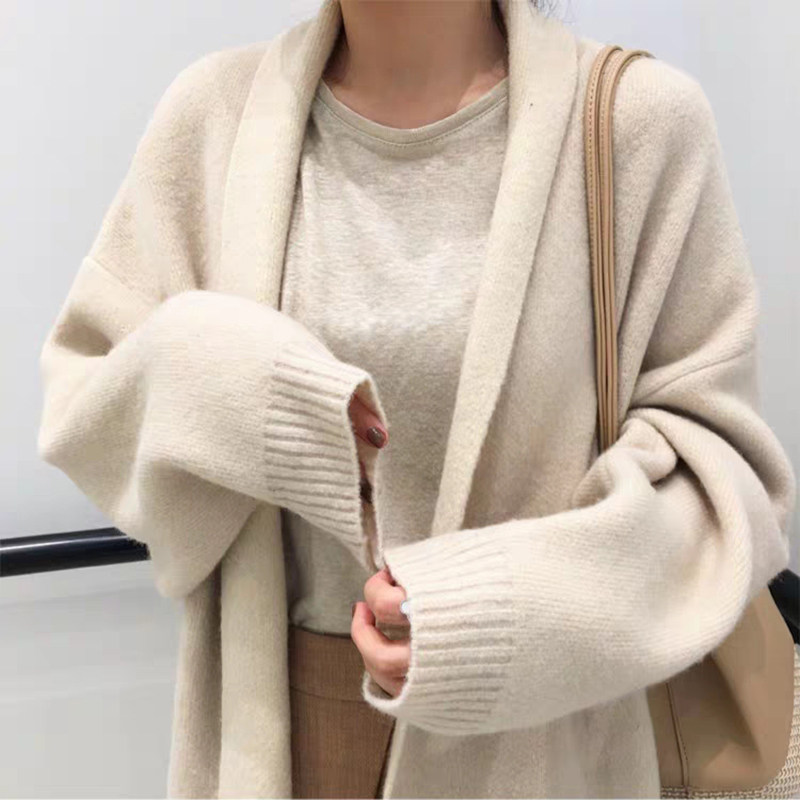 2021 Autumn Dress New Women's Clothing OUTSIDE WEARING Lazy Wind Medium Long Version Over Knee Sweater Jacket Knit Cardiovert Woman