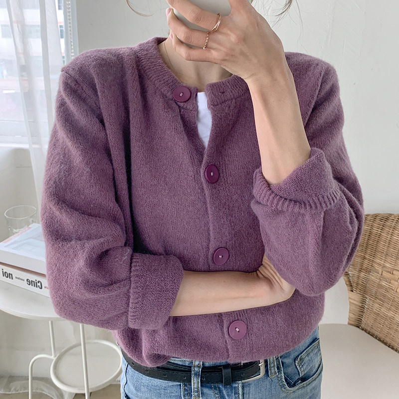 2021 Early autumn new purple retro gentle wind sweater sweatshirt with female short-style knitted sweatshirt jacket jacket outside