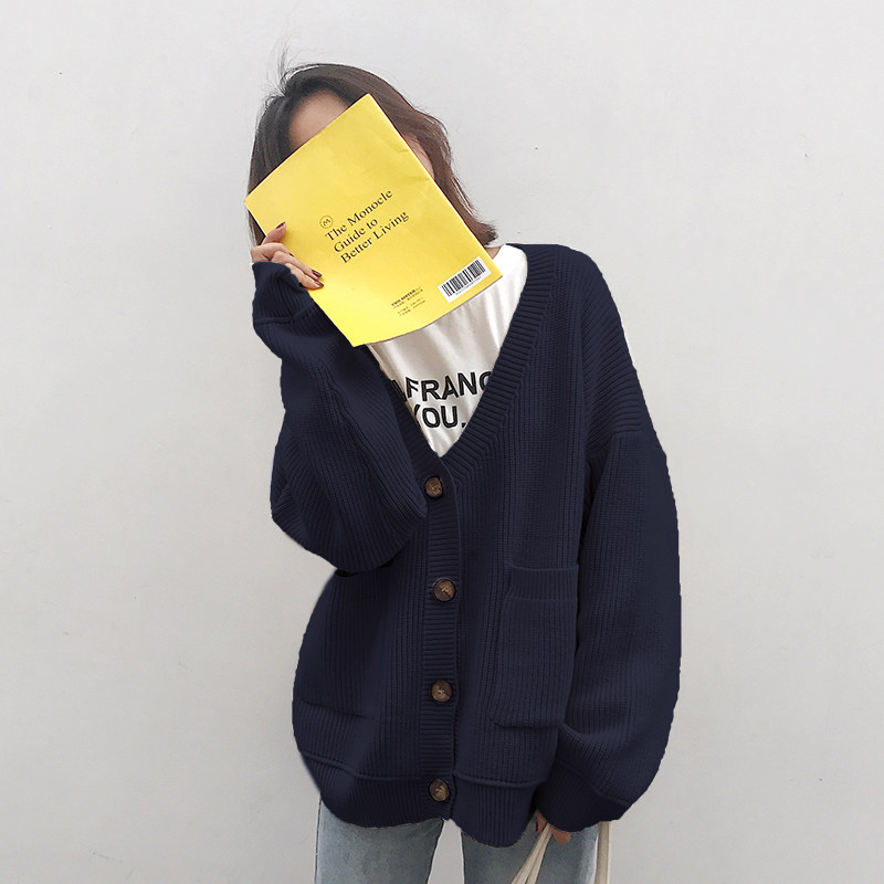 2021 Autumn Dress New Women's Clothing Sweater Jacket Woman Korean version loose Lazy Breeze Blue-knit cardiovert blouse