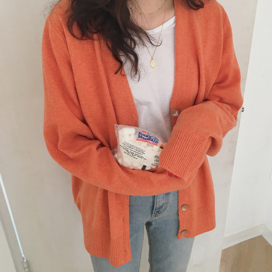 2021 Autumn Dress New Women's Clothing Loot LAZY GENTLE WIND V COLLAR ORANGE SWEATER JACKET KNIT CARDIOVERT BLOUSE