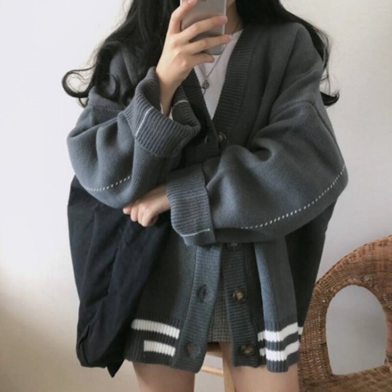 2023 Autumn Clothing New Grey Academy Wind Knit Cardiovert Loose LAZY WIND SWEATER COAT EXTERNAL HITCH Thickening-Taobao